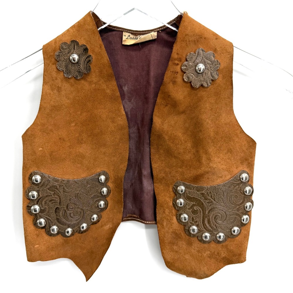 Vintage Lasso'em Bill Keyston Bros Kids Brown Suede Studded Western Vest Size 6